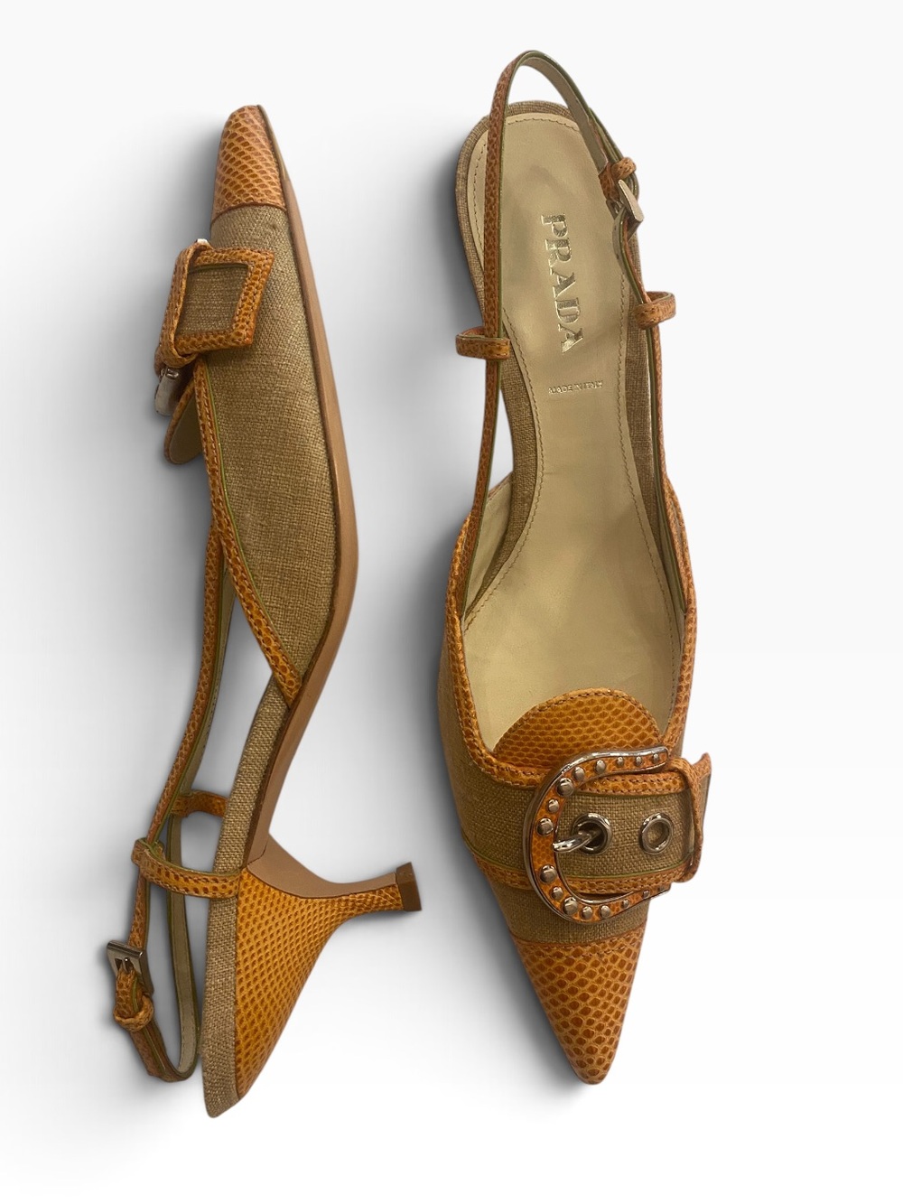 Prada Women’s Pointed Toe Slingback Kitten Heel Embellished Buckle Tan size 42